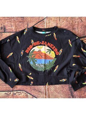 FARM Rio Rio de Janeiro Cropped Sweatshirt Black Parrot Print Chenille Women's M